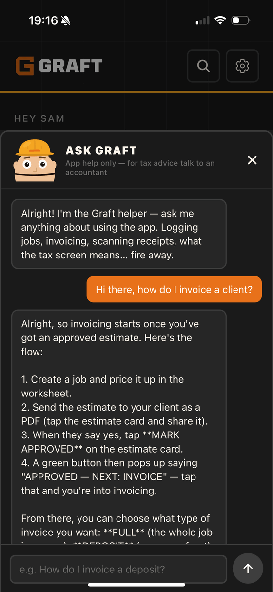 Ask Graft helper chat – the Graft mascot answering a question about how to invoice a client, step by step