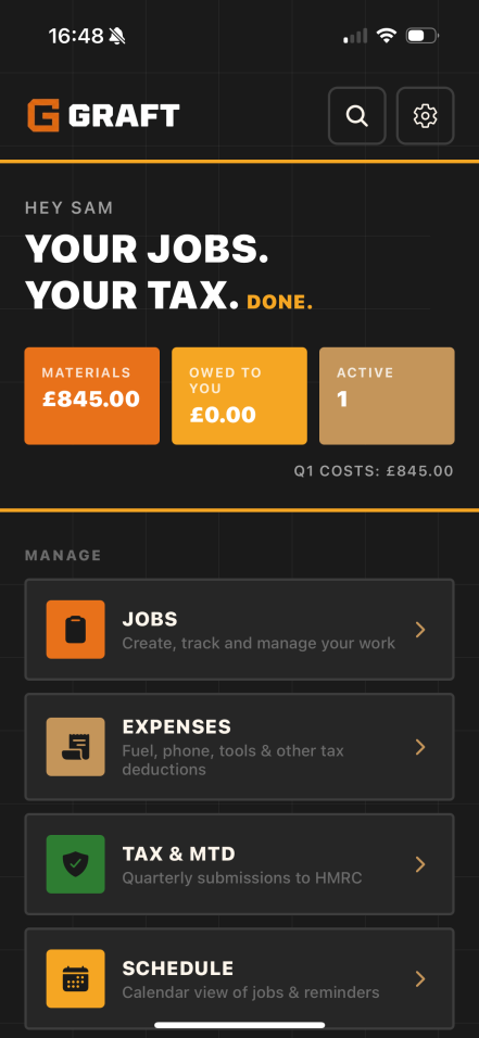 Graft app — home screen showing materials, owed-to-you, active jobs, and the manage menu