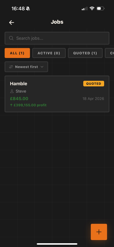 Graft jobs list — Hamble (Steve), £845.00 quoted, with profit calculation