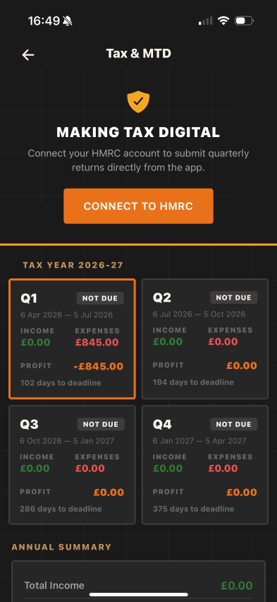 Graft Tax & MTD screen — Connect to HMRC, with Q1–Q4 quarterly cards for tax year 2026-27
