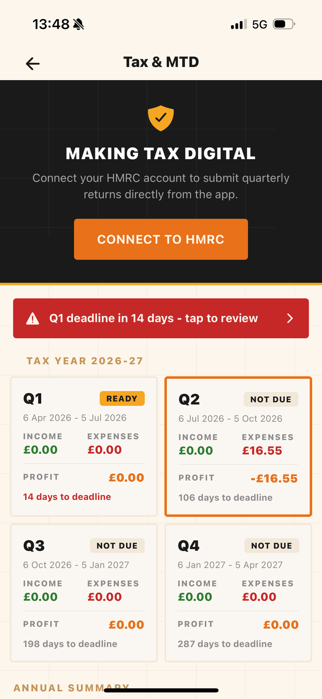 The Graft Tax & MTD screen showing the four quarterly updates and a deadline warning